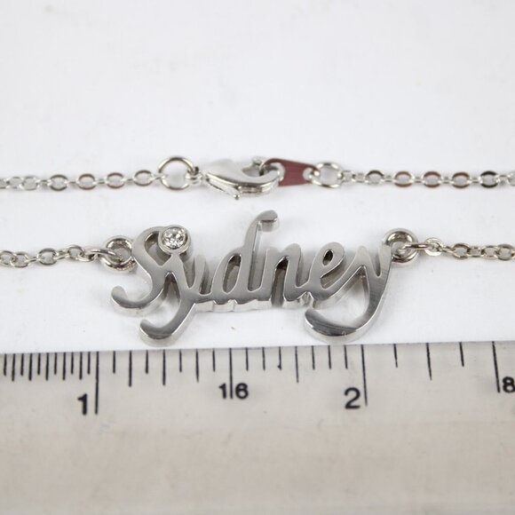 SYDNEY Name Silvertone Rhinestone 14.5" w 4.5" Multi Ring Ext Necklace - Picture 6 of 12